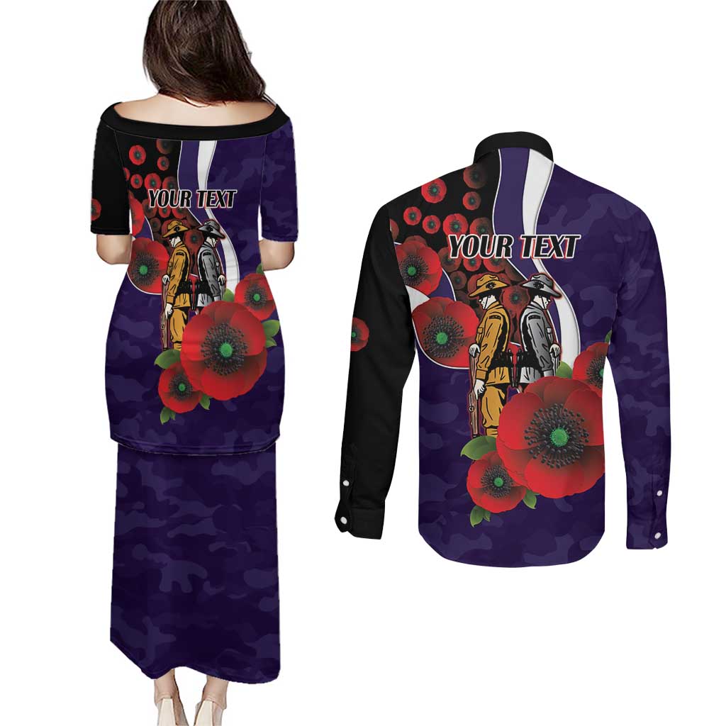 Fremantle Dockers ANZAC Personalised Couples Matching Puletasi and Long Sleeve Button Shirt Lest We Forget Poppy Camo