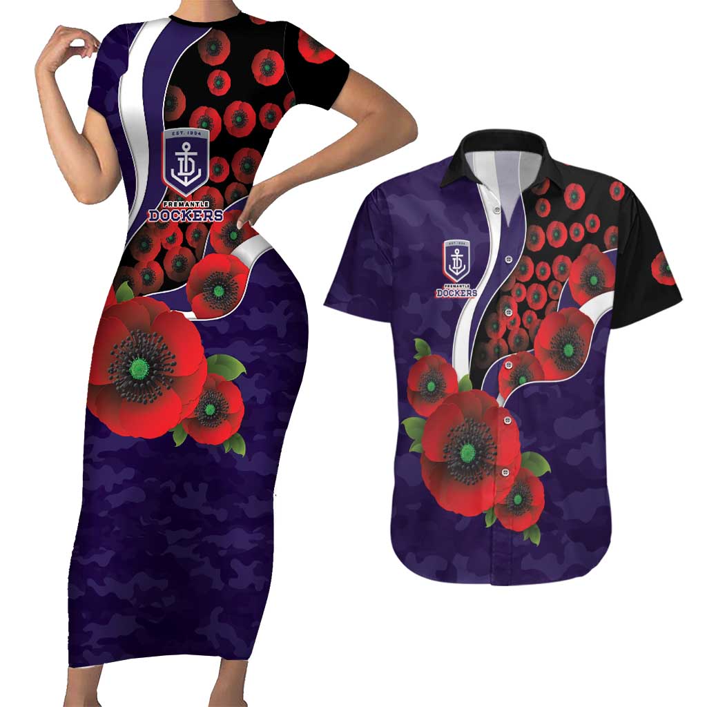 Fremantle Dockers ANZAC Personalised Couples Matching Short Sleeve Bodycon Dress and Hawaiian Shirt Lest We Forget Poppy Camo