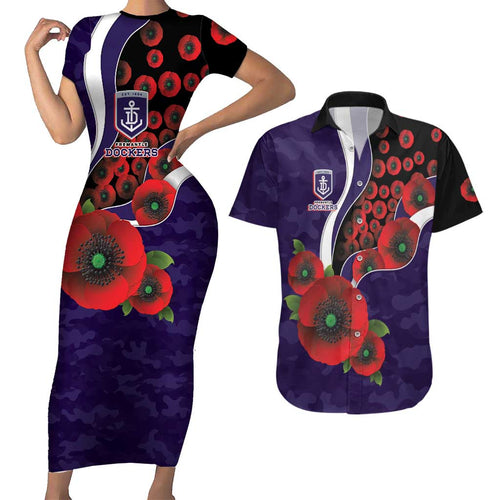 Fremantle Dockers ANZAC Personalised Couples Matching Short Sleeve Bodycon Dress and Hawaiian Shirt Lest We Forget Poppy Camo