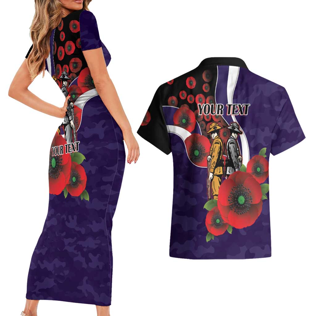 Fremantle Dockers ANZAC Personalised Couples Matching Short Sleeve Bodycon Dress and Hawaiian Shirt Lest We Forget Poppy Camo