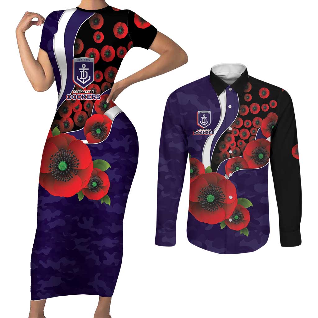 Fremantle Dockers ANZAC Personalised Couples Matching Short Sleeve Bodycon Dress and Long Sleeve Button Shirt Lest We Forget Poppy Camo