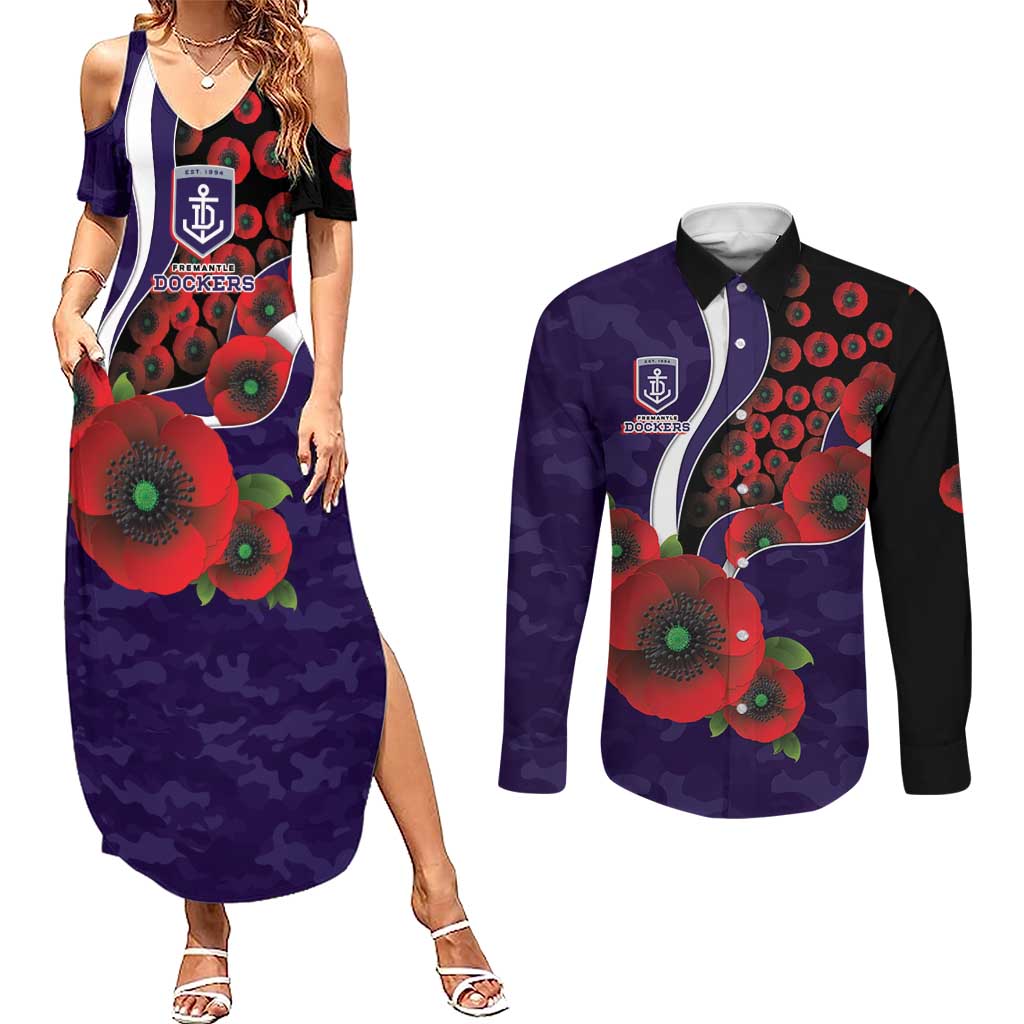 Fremantle Dockers ANZAC Personalised Couples Matching Summer Maxi Dress and Long Sleeve Button Shirt Lest We Forget Poppy Camo