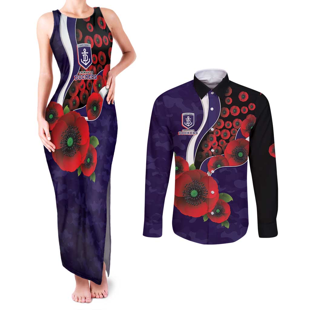 Fremantle Dockers ANZAC Personalised Couples Matching Tank Maxi Dress and Long Sleeve Button Shirt Lest We Forget Poppy Camo