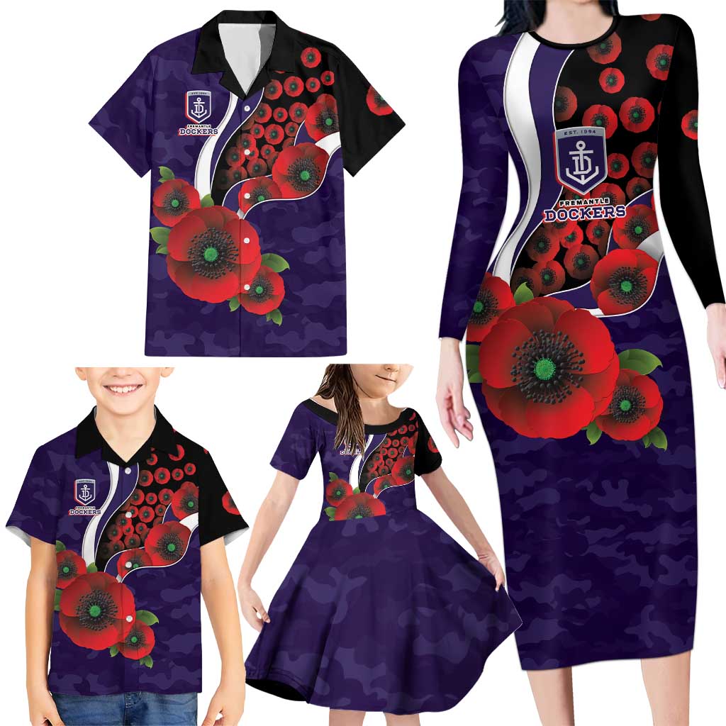 Fremantle Dockers ANZAC Personalised Family Matching Long Sleeve Bodycon Dress and Hawaiian Shirt Lest We Forget Poppy Camo