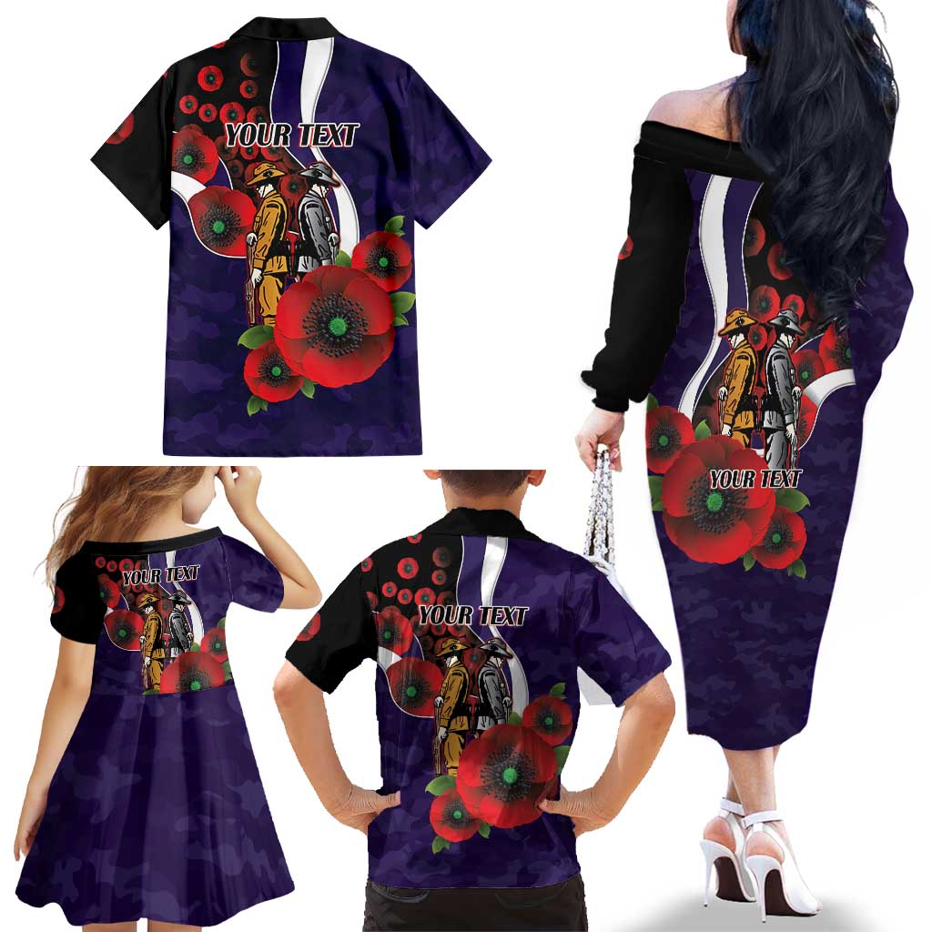 Fremantle Dockers ANZAC Personalised Family Matching Off The Shoulder Long Sleeve Dress and Hawaiian Shirt Lest We Forget Poppy Camo
