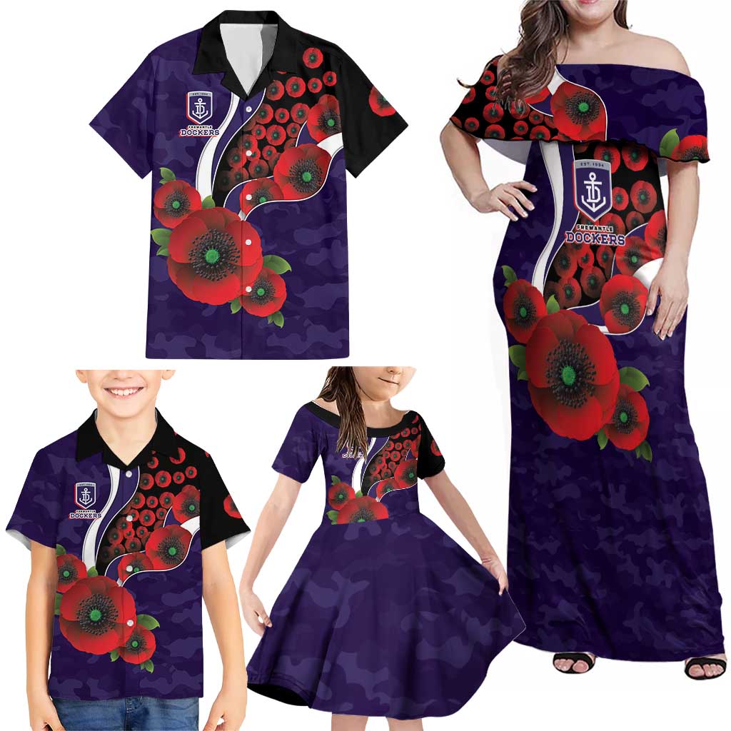 Fremantle Dockers ANZAC Personalised Family Matching Off Shoulder Maxi Dress and Hawaiian Shirt Lest We Forget Poppy Camo