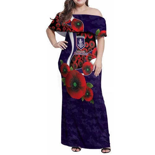 Fremantle Dockers ANZAC Personalised Family Matching Off Shoulder Maxi Dress and Hawaiian Shirt Lest We Forget Poppy Camo