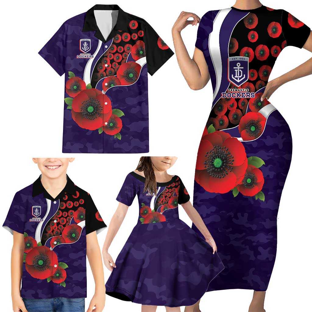 Fremantle Dockers ANZAC Personalised Family Matching Short Sleeve Bodycon Dress and Hawaiian Shirt Lest We Forget Poppy Camo