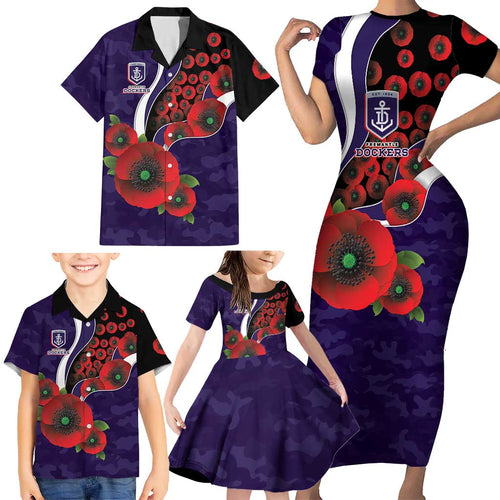 Fremantle Dockers ANZAC Personalised Family Matching Short Sleeve Bodycon Dress and Hawaiian Shirt Lest We Forget Poppy Camo
