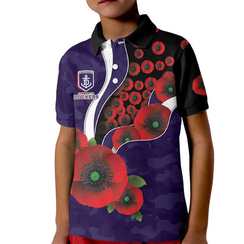 Fremantle Dockers ANZAC Personalised Kid Polo Shirt Lest We Forget Poppy Camo