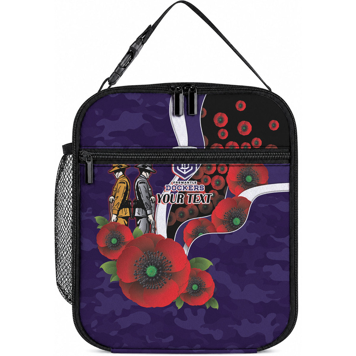 Fremantle Dockers ANZAC Personalised Lunch Bag Lest We Forget Poppy Camo