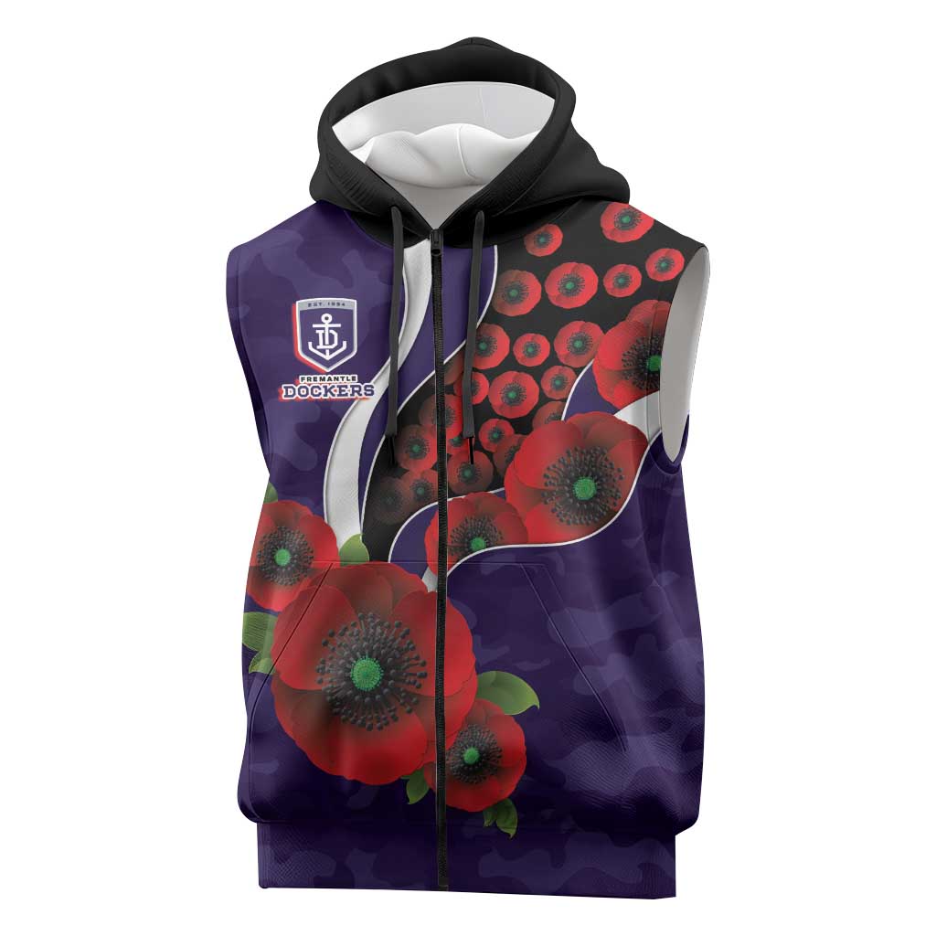 Fremantle Dockers ANZAC Personalised Sleeveless Zip Hoodie Lest We Forget Poppy Camo