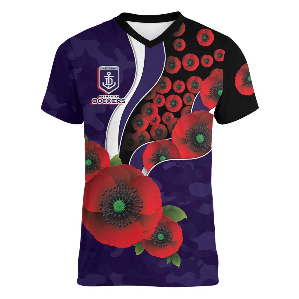 Fremantle Dockers ANZAC Personalised Women V-Neck T-Shirt Lest We Forget Poppy Camo