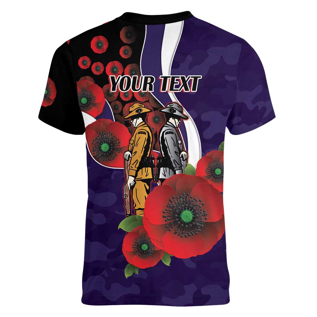 Fremantle Dockers ANZAC Personalised Women V-Neck T-Shirt Lest We Forget Poppy Camo