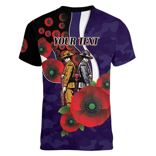 Fremantle Dockers ANZAC Personalised Women V-Neck T-Shirt Lest We Forget Poppy Camo