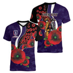Fremantle Dockers ANZAC Personalised Women V-Neck T-Shirt Lest We Forget Poppy Camo