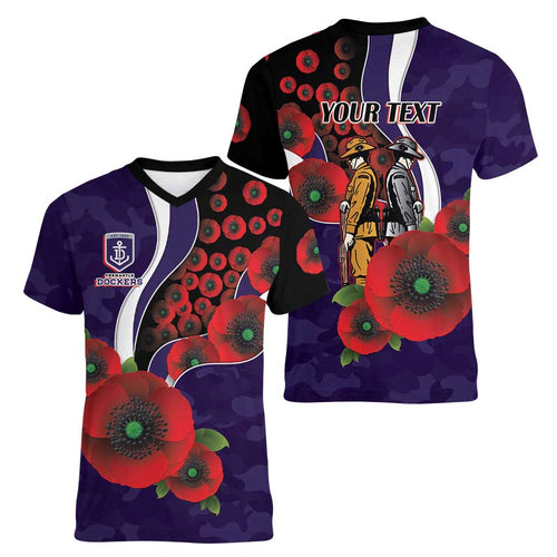 Fremantle Dockers ANZAC Personalised Women V-Neck T-Shirt Lest We Forget Poppy Camo