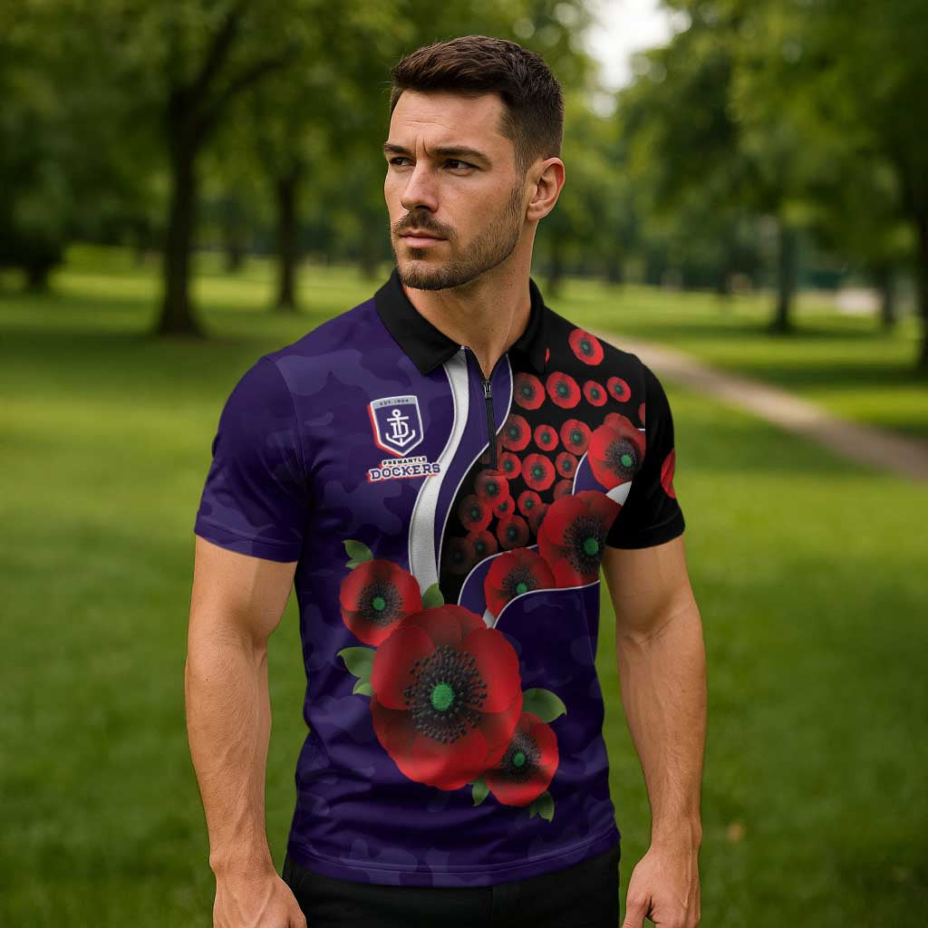Fremantle Dockers ANZAC Personalised Zipper Polo Shirt Lest We Forget Poppy Camo