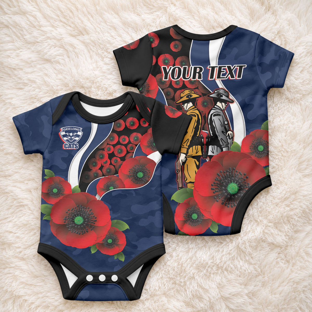 Geelong Cats ANZAC Personalised Baby Onesie Lest We Forget Poppy Camo