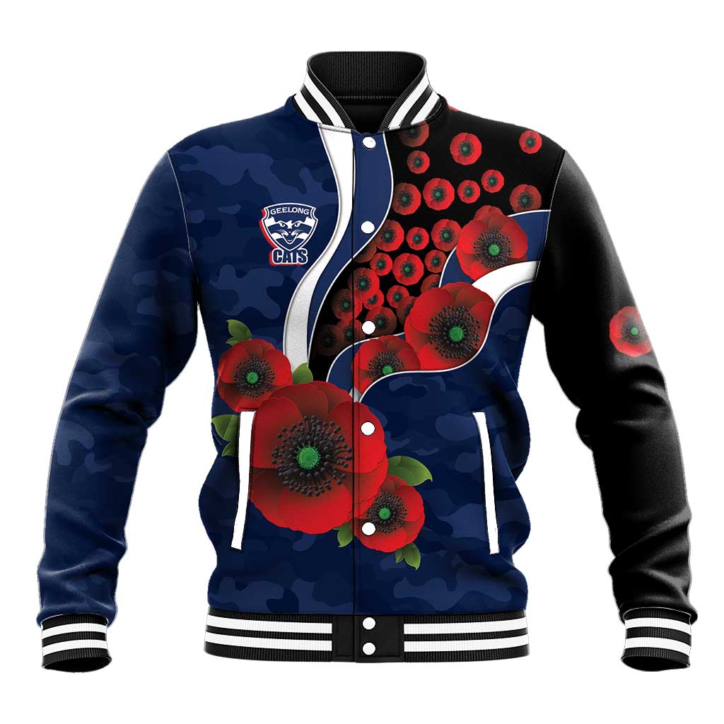 Geelong Cats ANZAC Personalised Baseball Jacket Lest We Forget Poppy Camo