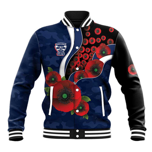 Geelong Cats ANZAC Personalised Baseball Jacket Lest We Forget Poppy Camo
