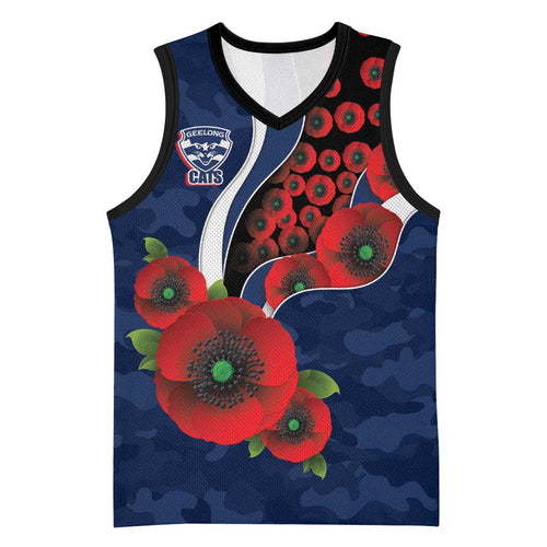 Geelong Cats ANZAC Personalised Basketball Jersey Lest We Forget Poppy Camo