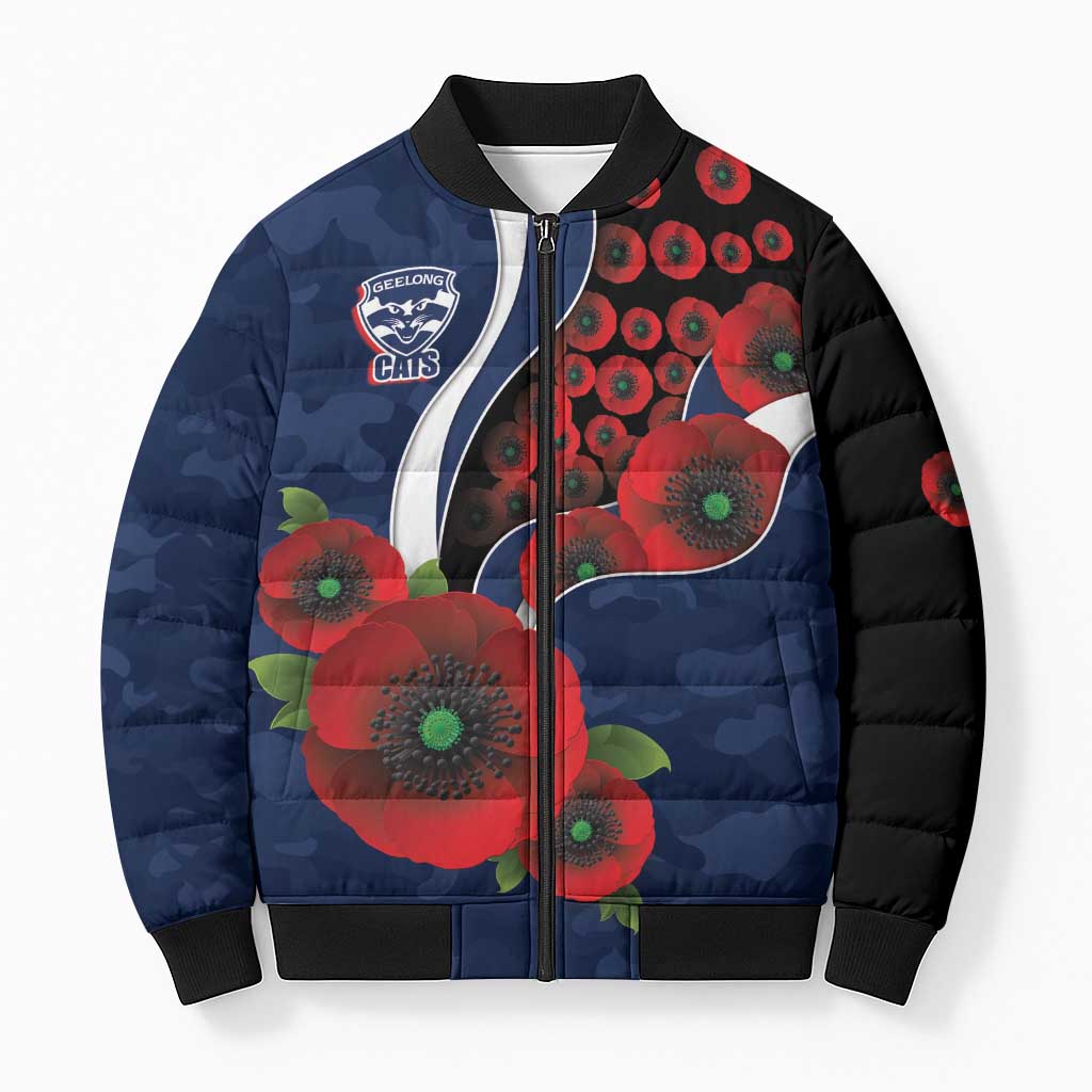 Geelong Cats ANZAC Personalised Bomber Puffer Jacket Lest We Forget Poppy Camo
