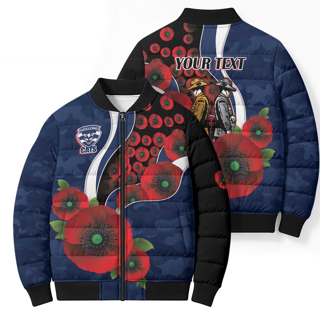 Geelong Cats ANZAC Personalised Bomber Puffer Jacket Lest We Forget Poppy Camo