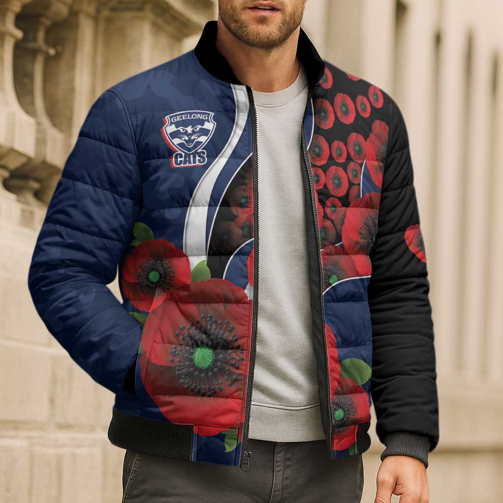 Geelong Cats ANZAC Personalised Bomber Puffer Jacket Lest We Forget Poppy Camo