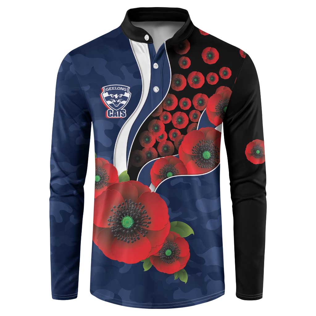 Geelong Cats ANZAC Personalised Button Sweatshirt Lest We Forget Poppy Camo