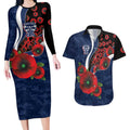 Geelong Cats ANZAC Personalised Couples Matching Long Sleeve Bodycon Dress and Hawaiian Shirt Lest We Forget Poppy Camo