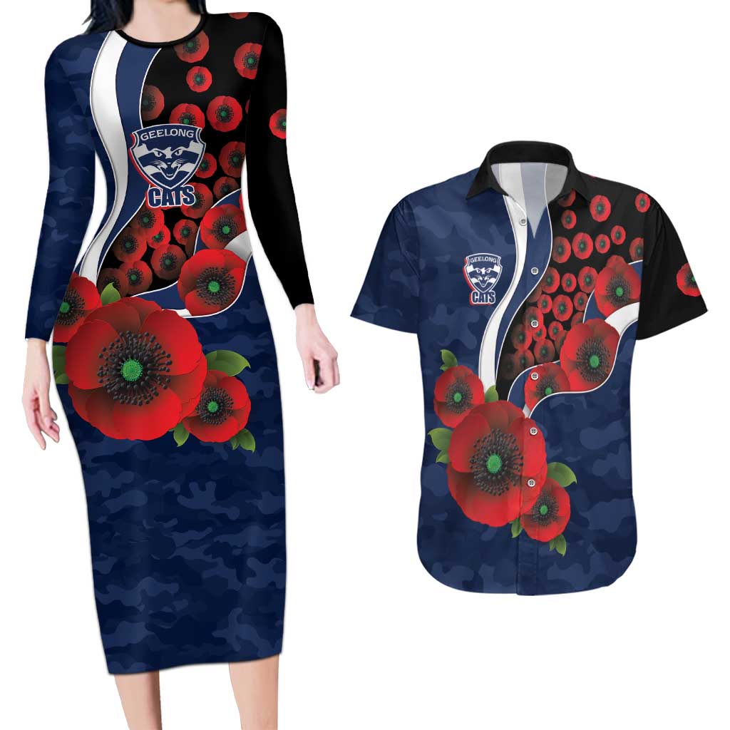 Geelong Cats ANZAC Personalised Couples Matching Long Sleeve Bodycon Dress and Hawaiian Shirt Lest We Forget Poppy Camo
