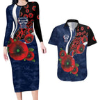 Geelong Cats ANZAC Personalised Couples Matching Long Sleeve Bodycon Dress and Hawaiian Shirt Lest We Forget Poppy Camo