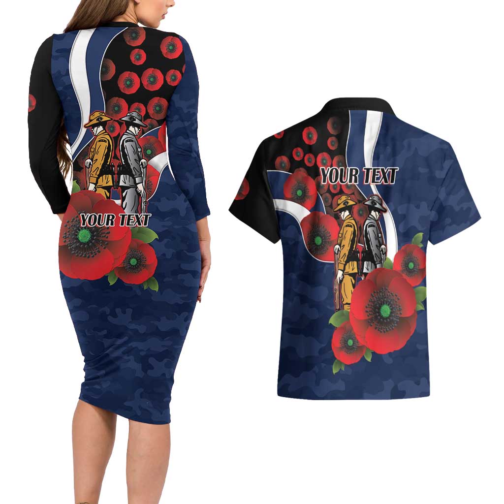 Geelong Cats ANZAC Personalised Couples Matching Long Sleeve Bodycon Dress and Hawaiian Shirt Lest We Forget Poppy Camo