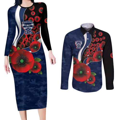 Geelong Cats ANZAC Personalised Couples Matching Long Sleeve Bodycon Dress and Long Sleeve Button Shirt Lest We Forget Poppy Camo
