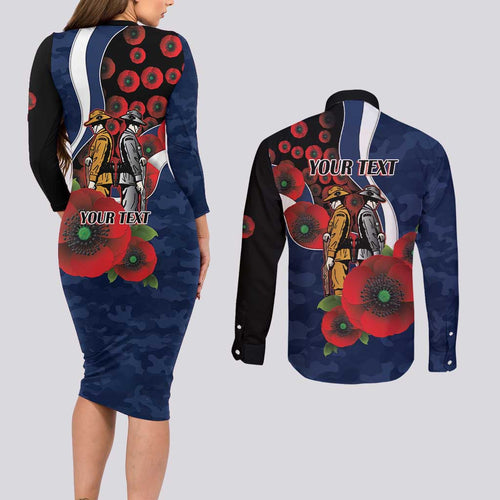 Geelong Cats ANZAC Personalised Couples Matching Long Sleeve Bodycon Dress and Long Sleeve Button Shirt Lest We Forget Poppy Camo