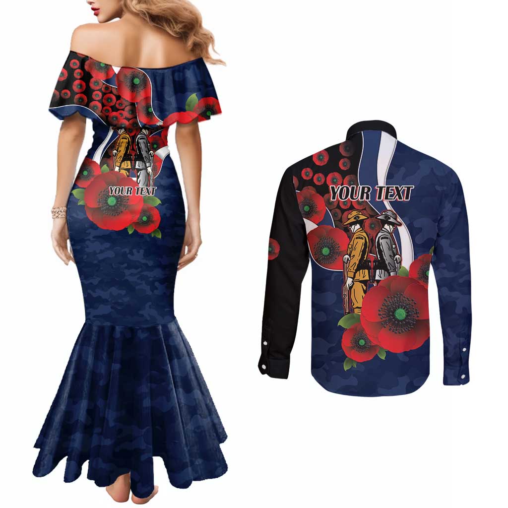 Geelong Cats ANZAC Personalised Couples Matching Mermaid Dress and Long Sleeve Button Shirt Lest We Forget Poppy Camo