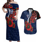 Geelong Cats ANZAC Personalised Couples Matching Off Shoulder Maxi Dress and Hawaiian Shirt Lest We Forget Poppy Camo