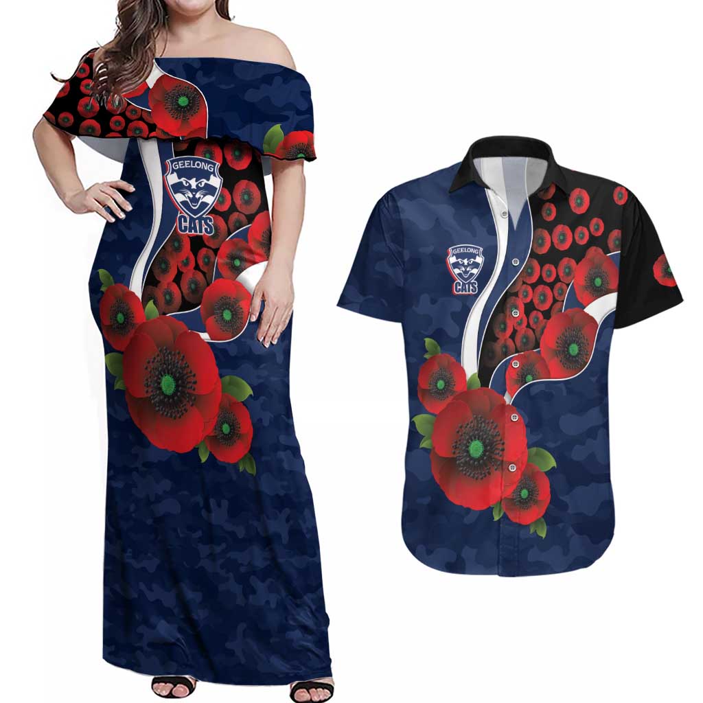 Geelong Cats ANZAC Personalised Couples Matching Off Shoulder Maxi Dress and Hawaiian Shirt Lest We Forget Poppy Camo