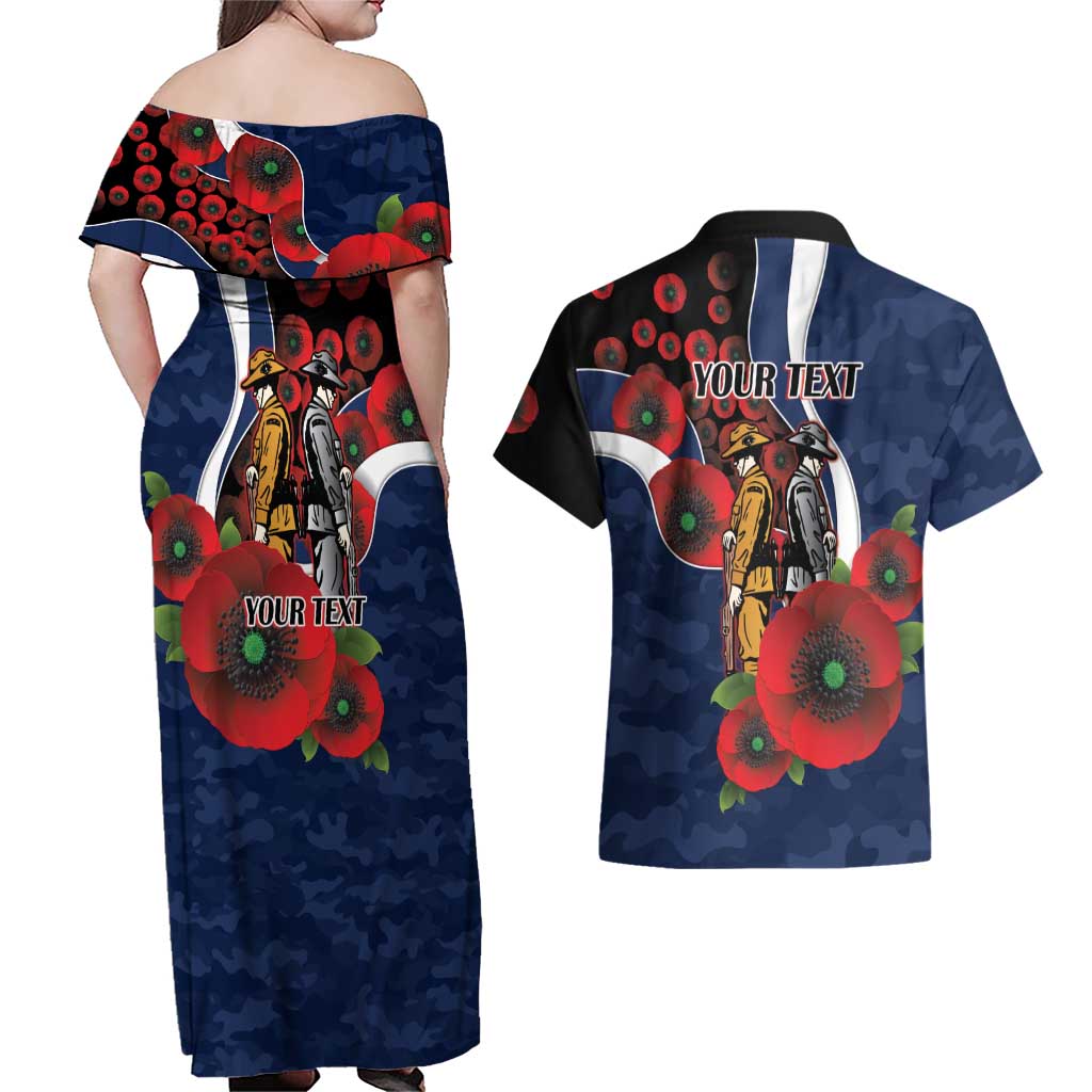 Geelong Cats ANZAC Personalised Couples Matching Off Shoulder Maxi Dress and Hawaiian Shirt Lest We Forget Poppy Camo