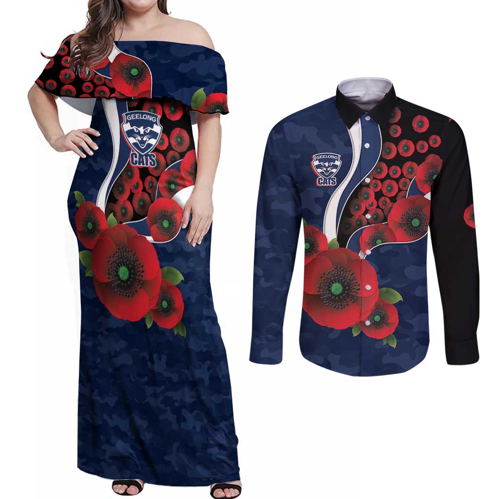 Geelong Cats ANZAC Personalised Couples Matching Off Shoulder Maxi Dress and Long Sleeve Button Shirt Lest We Forget Poppy Camo