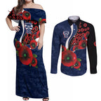 Geelong Cats ANZAC Personalised Couples Matching Off Shoulder Maxi Dress and Long Sleeve Button Shirt Lest We Forget Poppy Camo