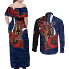 Geelong Cats ANZAC Personalised Couples Matching Off Shoulder Maxi Dress and Long Sleeve Button Shirt Lest We Forget Poppy Camo