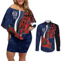 Geelong Cats ANZAC Personalised Couples Matching Off Shoulder Short Dress and Long Sleeve Button Shirt Lest We Forget Poppy Camo
