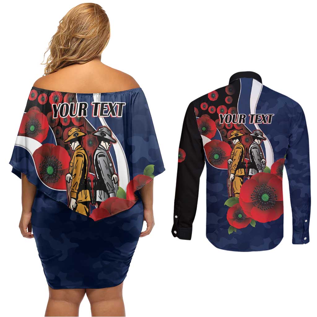 Geelong Cats ANZAC Personalised Couples Matching Off Shoulder Short Dress and Long Sleeve Button Shirt Lest We Forget Poppy Camo