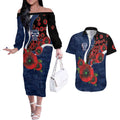 Geelong Cats ANZAC Personalised Couples Matching Off The Shoulder Long Sleeve Dress and Hawaiian Shirt Lest We Forget Poppy Camo