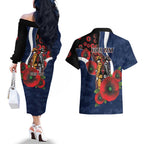 Geelong Cats ANZAC Personalised Couples Matching Off The Shoulder Long Sleeve Dress and Hawaiian Shirt Lest We Forget Poppy Camo