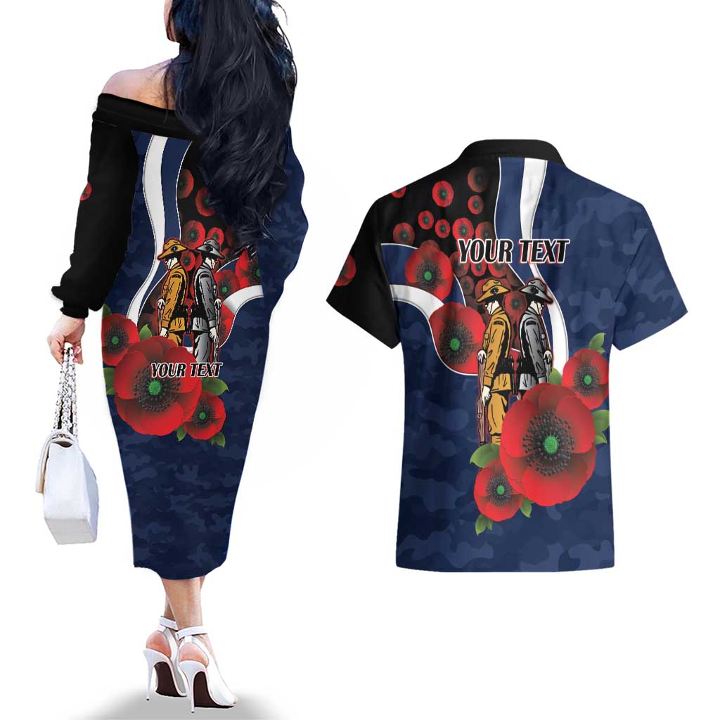 Geelong Cats ANZAC Personalised Couples Matching Off The Shoulder Long Sleeve Dress and Hawaiian Shirt Lest We Forget Poppy Camo