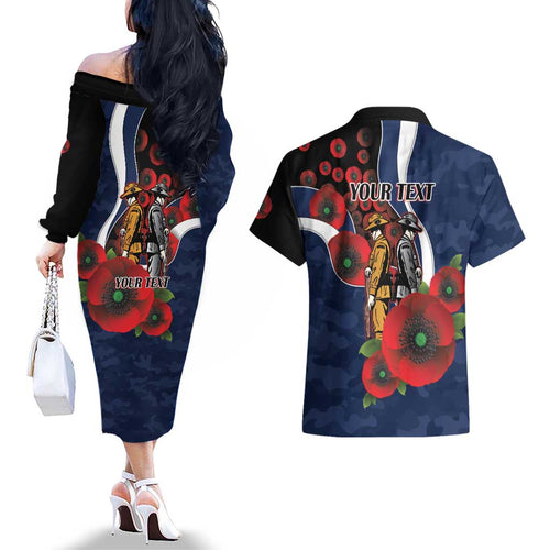 Geelong Cats ANZAC Personalised Couples Matching Off The Shoulder Long Sleeve Dress and Hawaiian Shirt Lest We Forget Poppy Camo