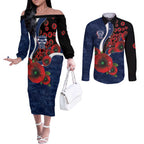 Geelong Cats ANZAC Personalised Couples Matching Off The Shoulder Long Sleeve Dress and Long Sleeve Button Shirt Lest We Forget Poppy Camo